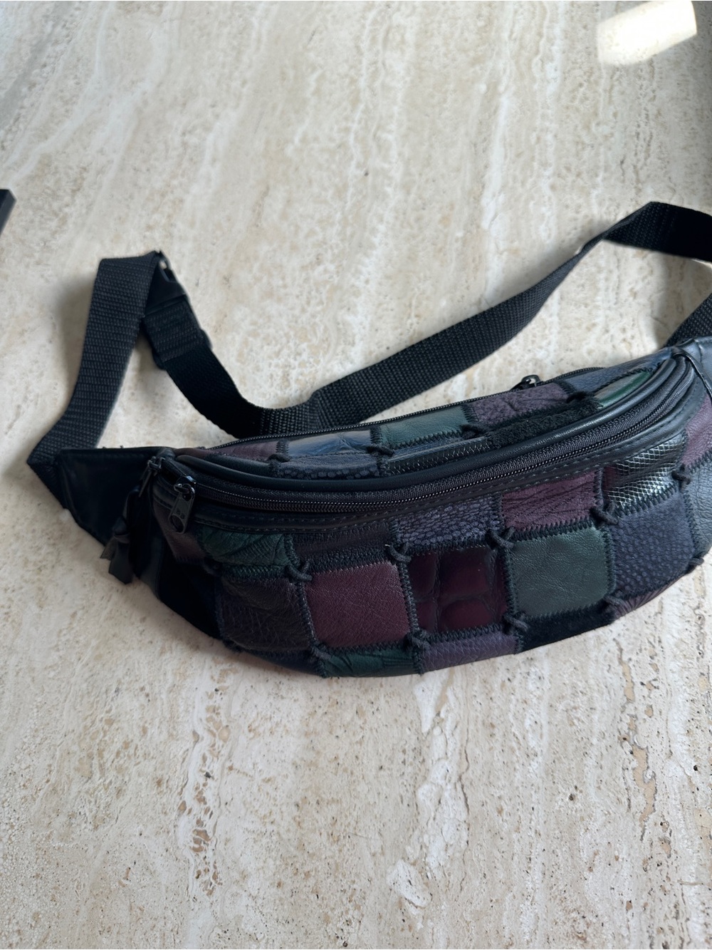 Patchwork Leather Waist Bag - Black, Burgundy, Dark Green.